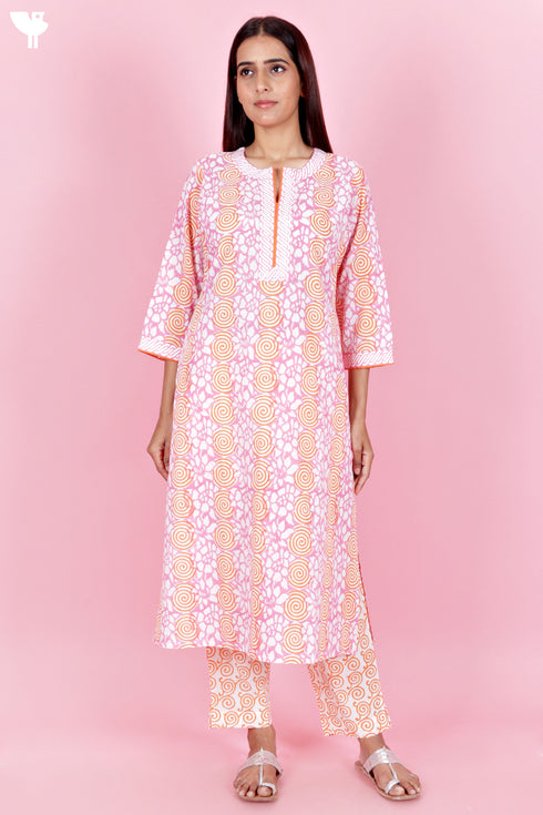 Cambric Cotton Kurta And Pant Set With Kota Dupatta In Block Print